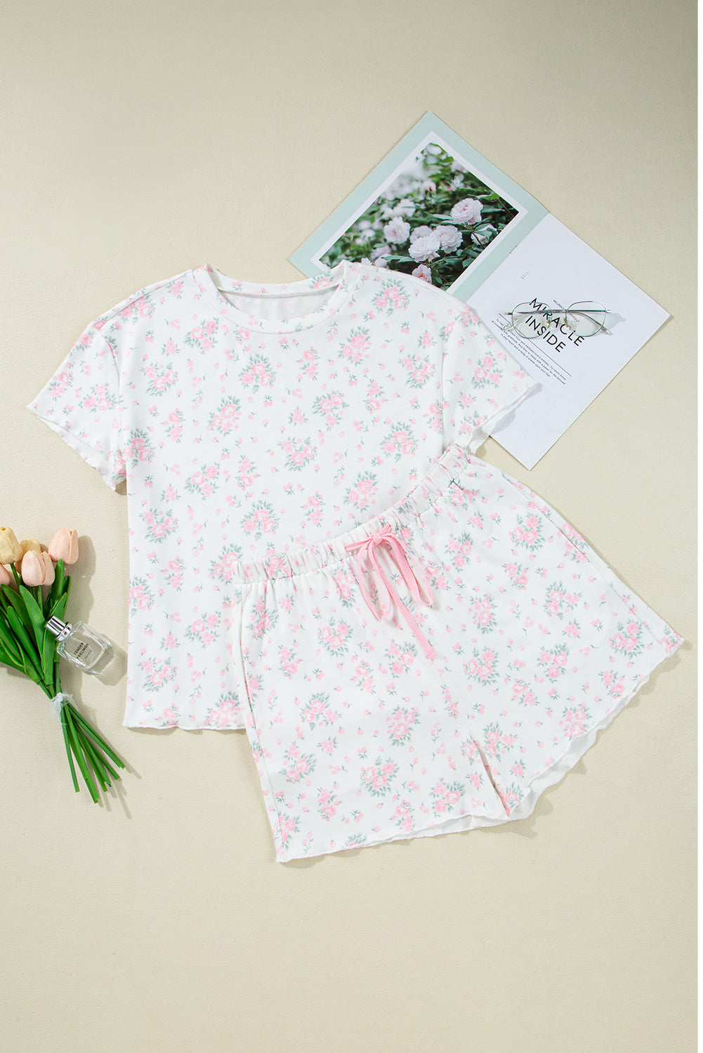 Pink Floral Print Lettuce Trim Tee and Shorts Pajama Set