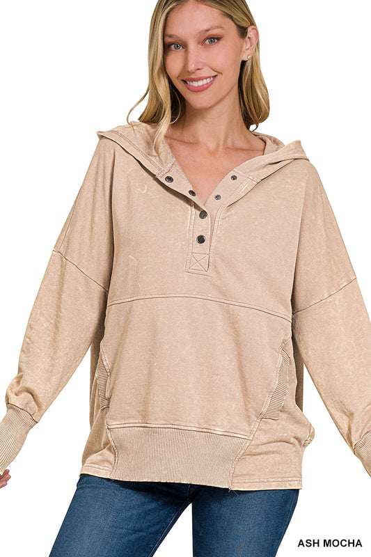 French Terry Acid Wash Pocket Hoodie Pullover