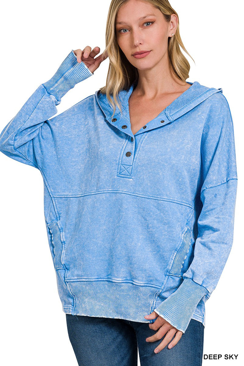 French Terry Acid Wash Pocket Hoodie Pullover