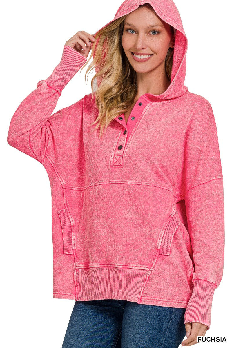 French Terry Acid Wash Pocket Hoodie Pullover