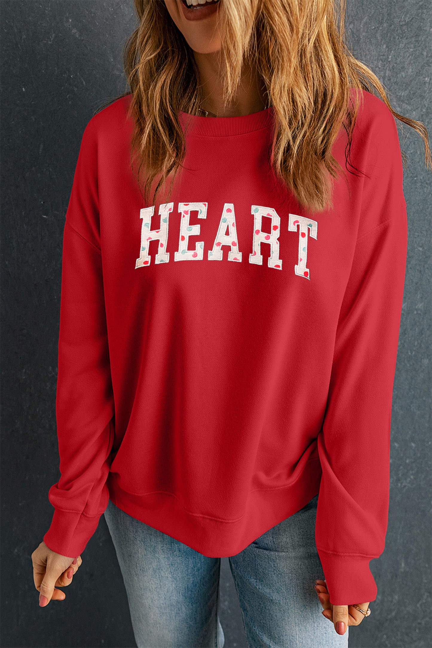 Red HEART Embroidered Patched Graphic Valentine Sweatshirt