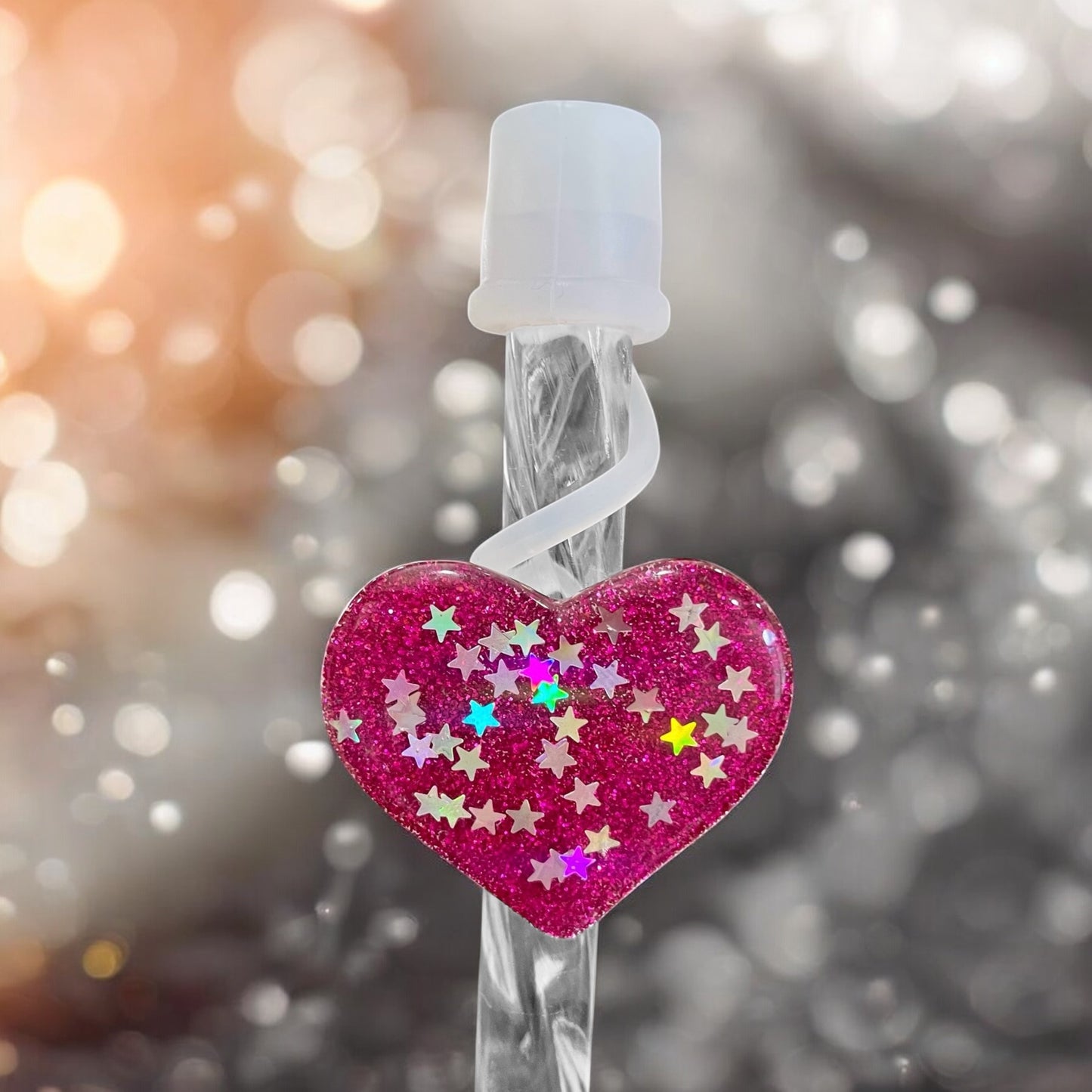 Magenta Glitter Heart Silicone Straw Topper 10mm