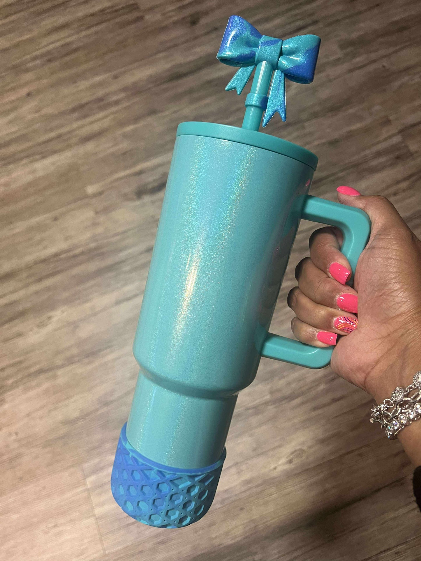 Aqua Blue Shimmer Large Bow - Silicone Straw Topper 10mm