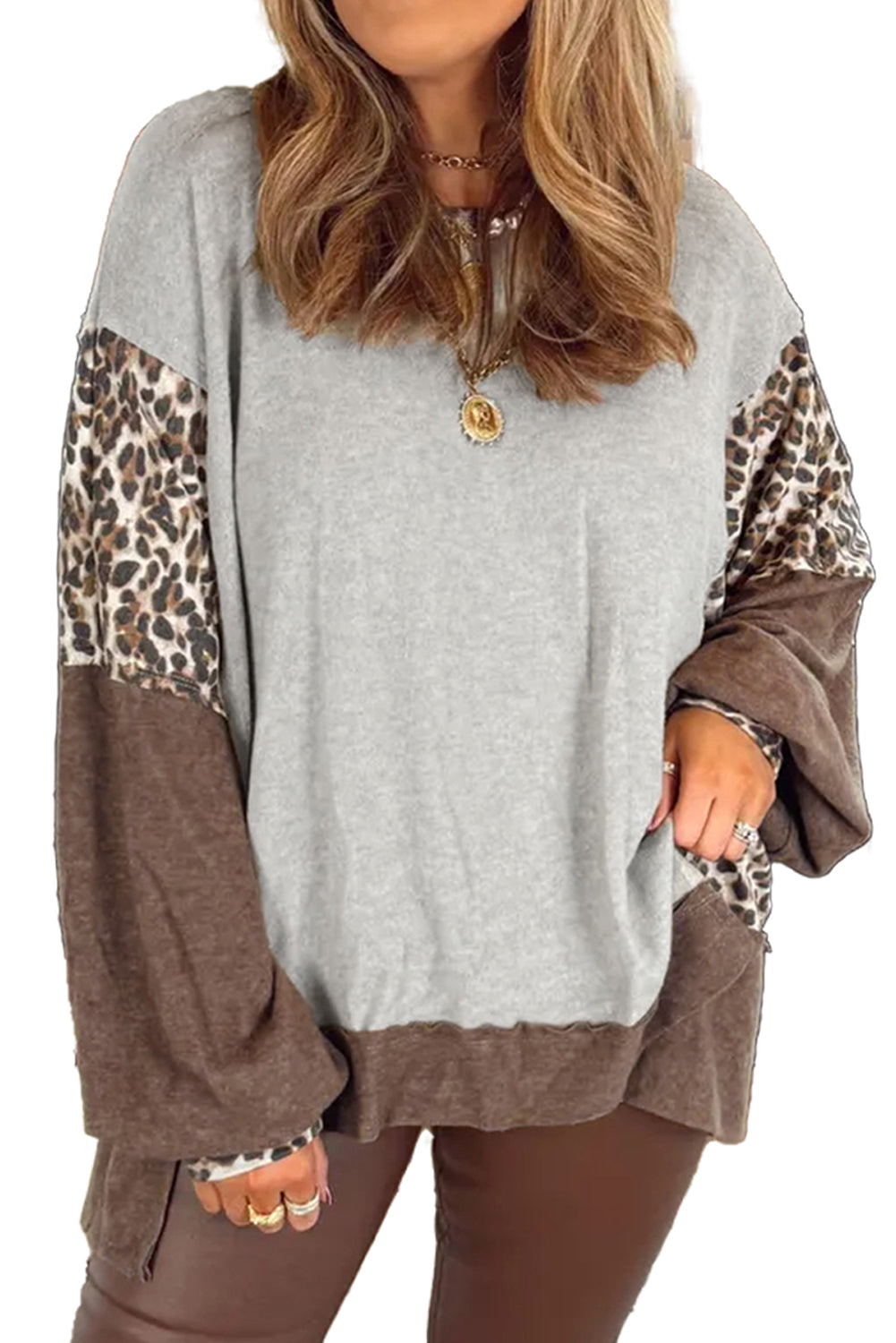 Gray Plus Size Leopard Patchwork Baggy Sweatshirt