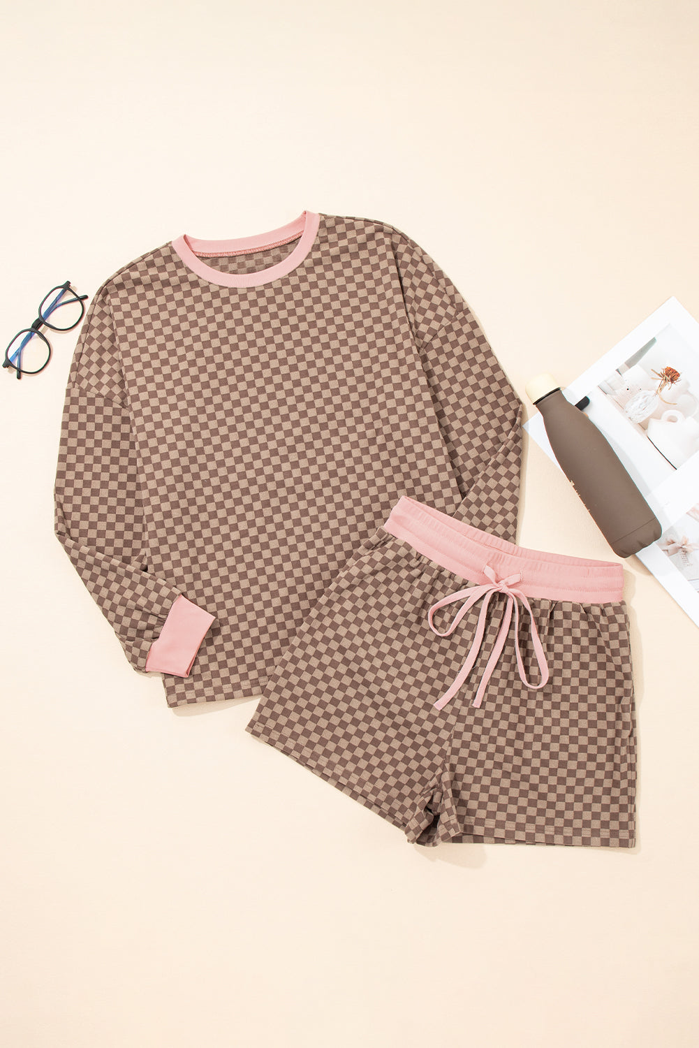 Brown Checkerboard Contrast Trim Long Sleeve Pullover and Shorts Set