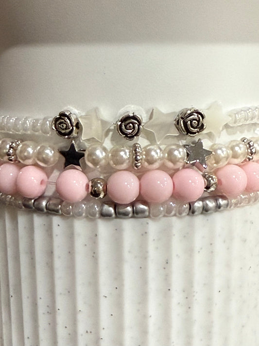 Baby Pink White Silver - Tumbler Bracelet Stacks