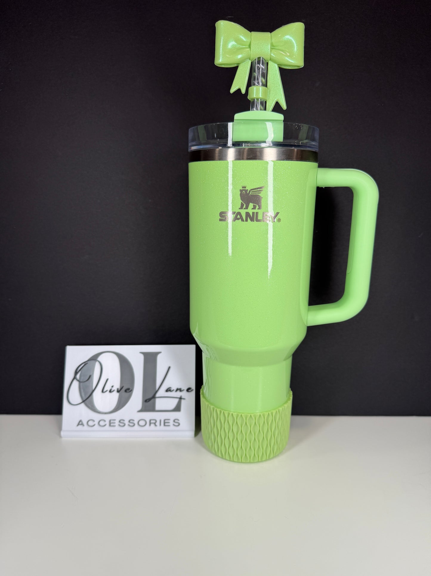 Pale Lime Shimmer Large Bow - Silicone Straw Topper 10mm