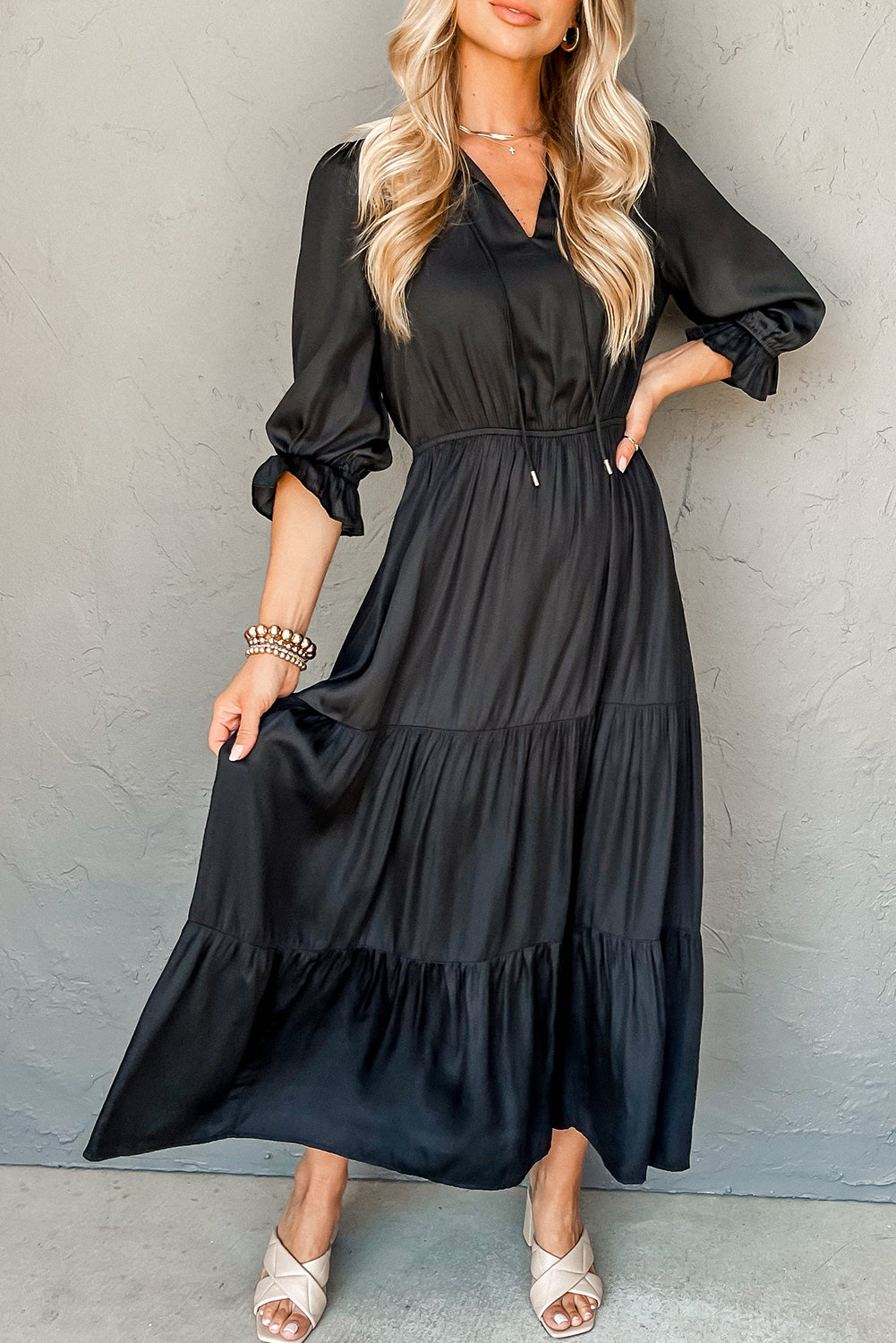Black Flounced Bracelet Sleeve V Neck Tiered Maxi Dress