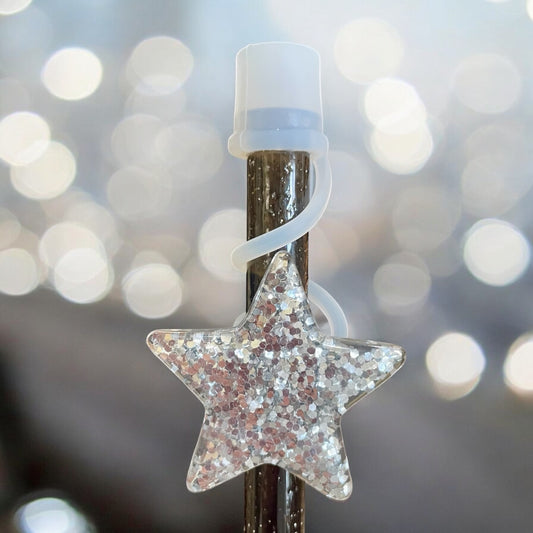 Silver Glitter Star Silicone Straw Topper 10mm