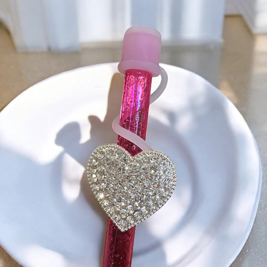 Clear Silver Bling Heart - Silicone Straw Topper 10mm