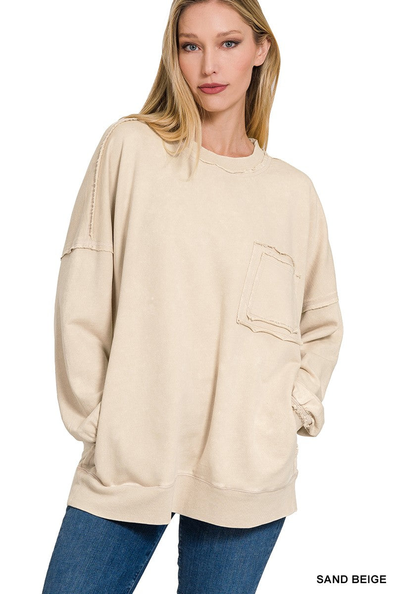 French Terry Acid Wash Raw Edge Pullover