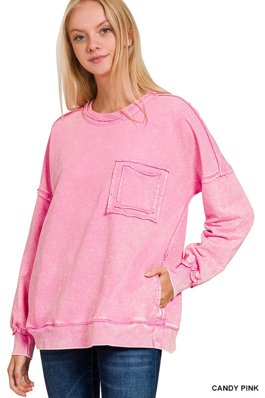 French Terry Acid Wash Raw Edge Pullover