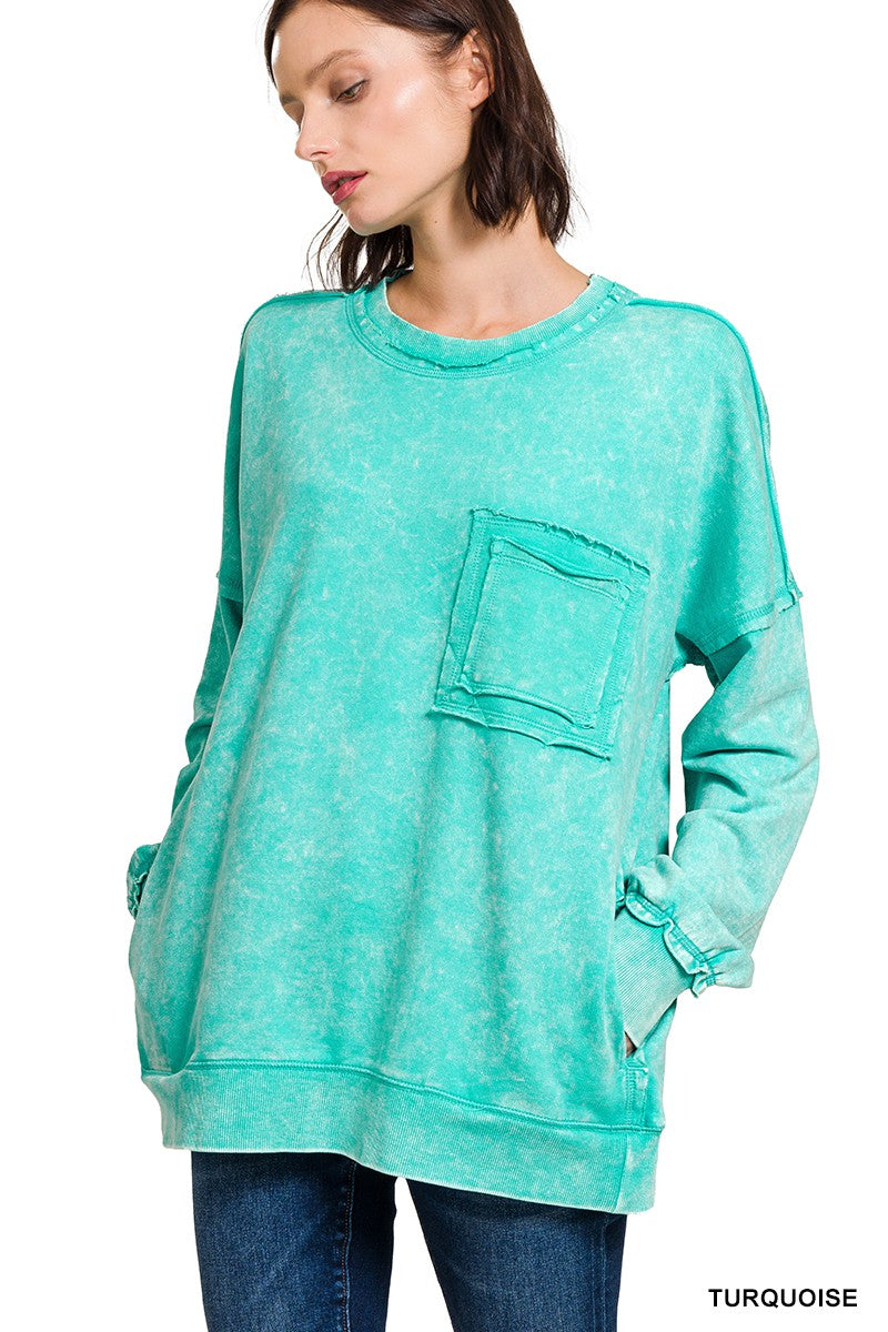 French Terry Acid Wash Raw Edge Pullover
