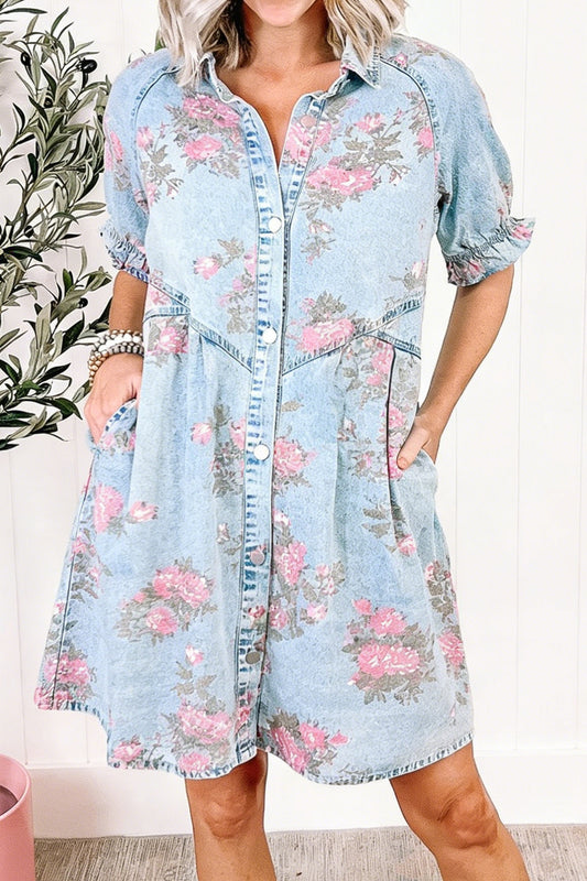 Sky Blue Floral Print Denim Short Sleeve Button Down Dress