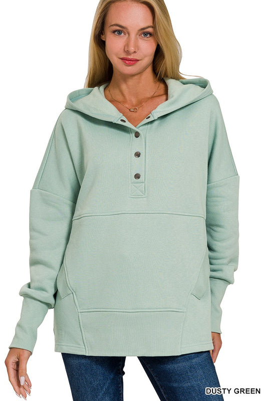 Half Button Solid Pullover Hoodie