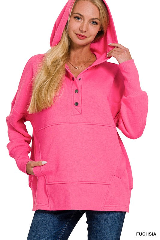 Half Button Solid Pullover Hoodie
