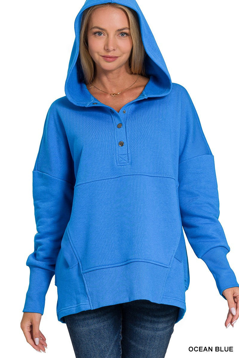 Half Button Solid Pullover Hoodie
