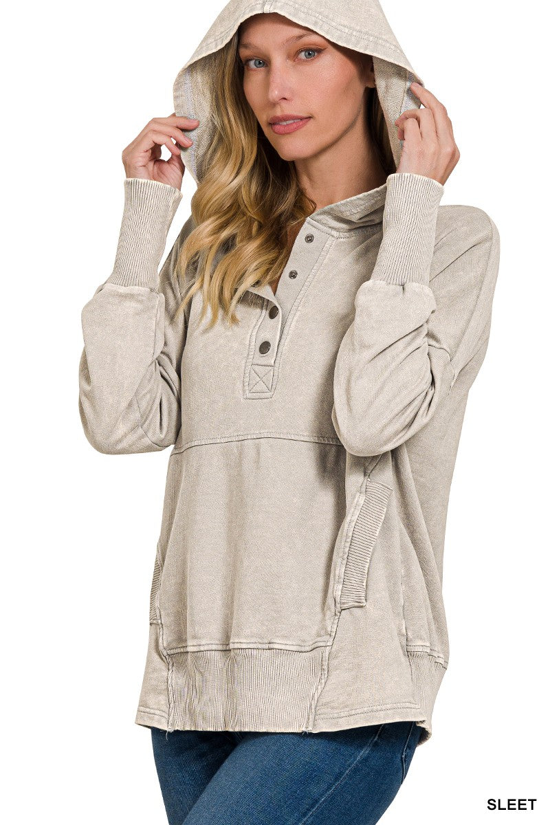 French Terry Acid Wash Pocket Hoodie Pullover