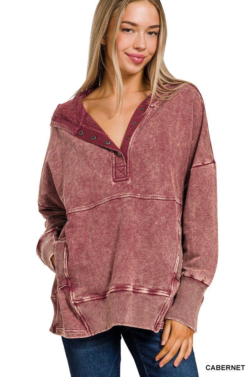 French Terry Acid Wash Pocket Hoodie Pullover
