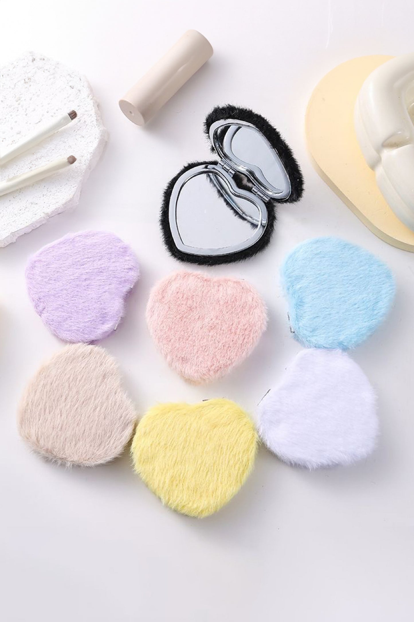 Light Blue Heart Shape Double Sides Fluffy Cute Mini Cosmetic Mirror