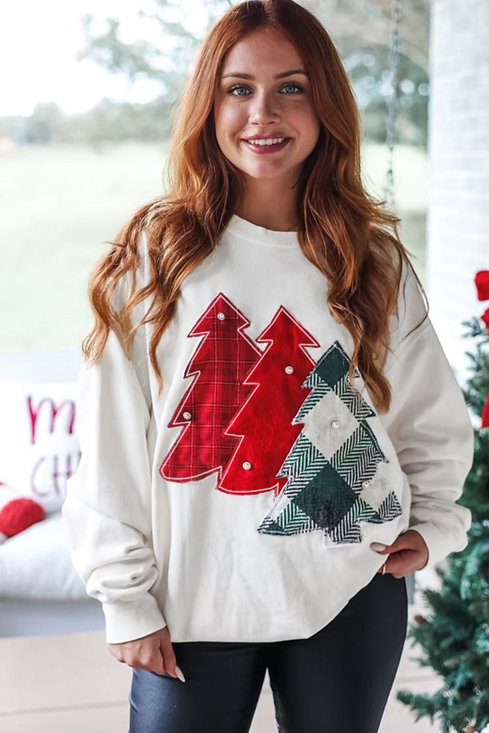 White Pearl Plaid Christmas Tree Patched Drop Shoulder Sweatshirt