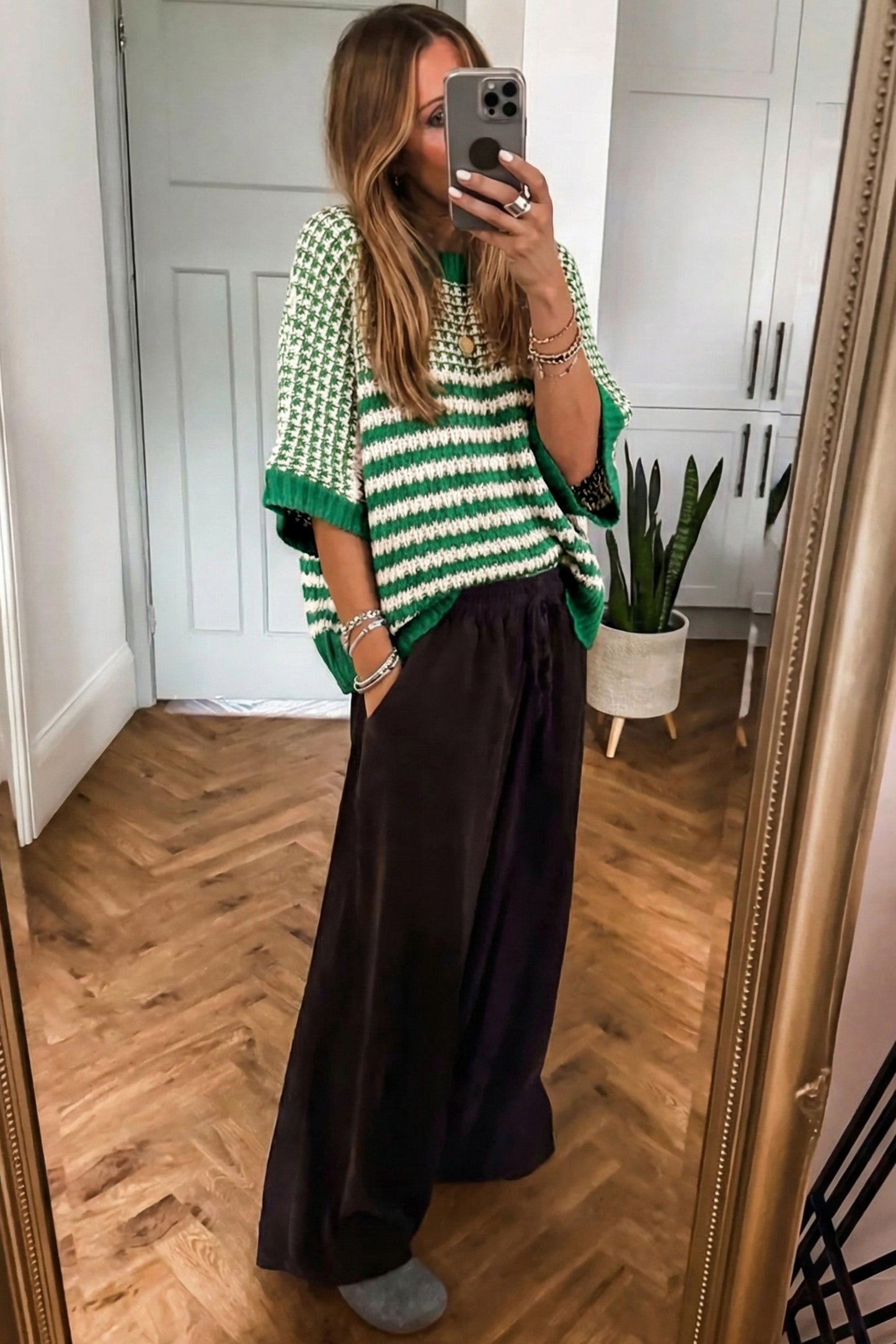 Green Stripe 3/4 Draped Sleeve Slouchy Sweater