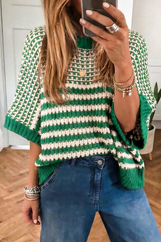 Green Stripe 3/4 Draped Sleeve Slouchy Sweater