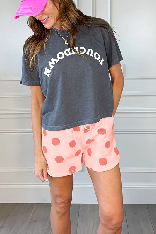 Pink Polka Dot Print Drop Shoulder Pullover Drawstring Shorts Set