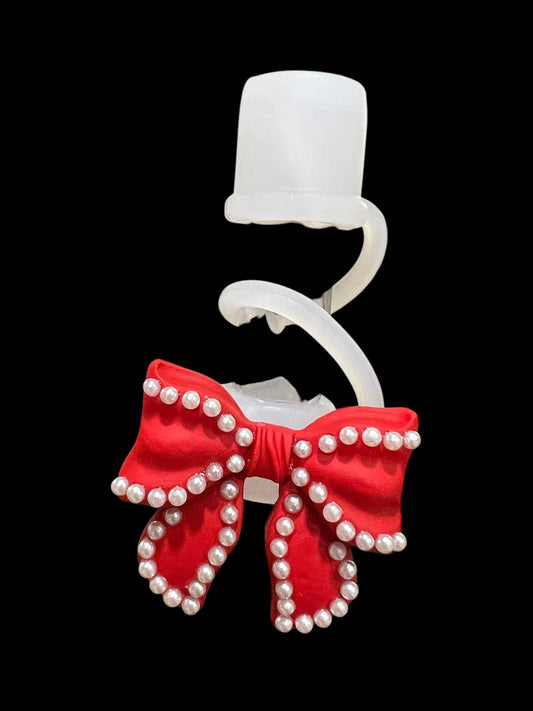 Red Pearl Bow Silicone Straw Topper 10mm