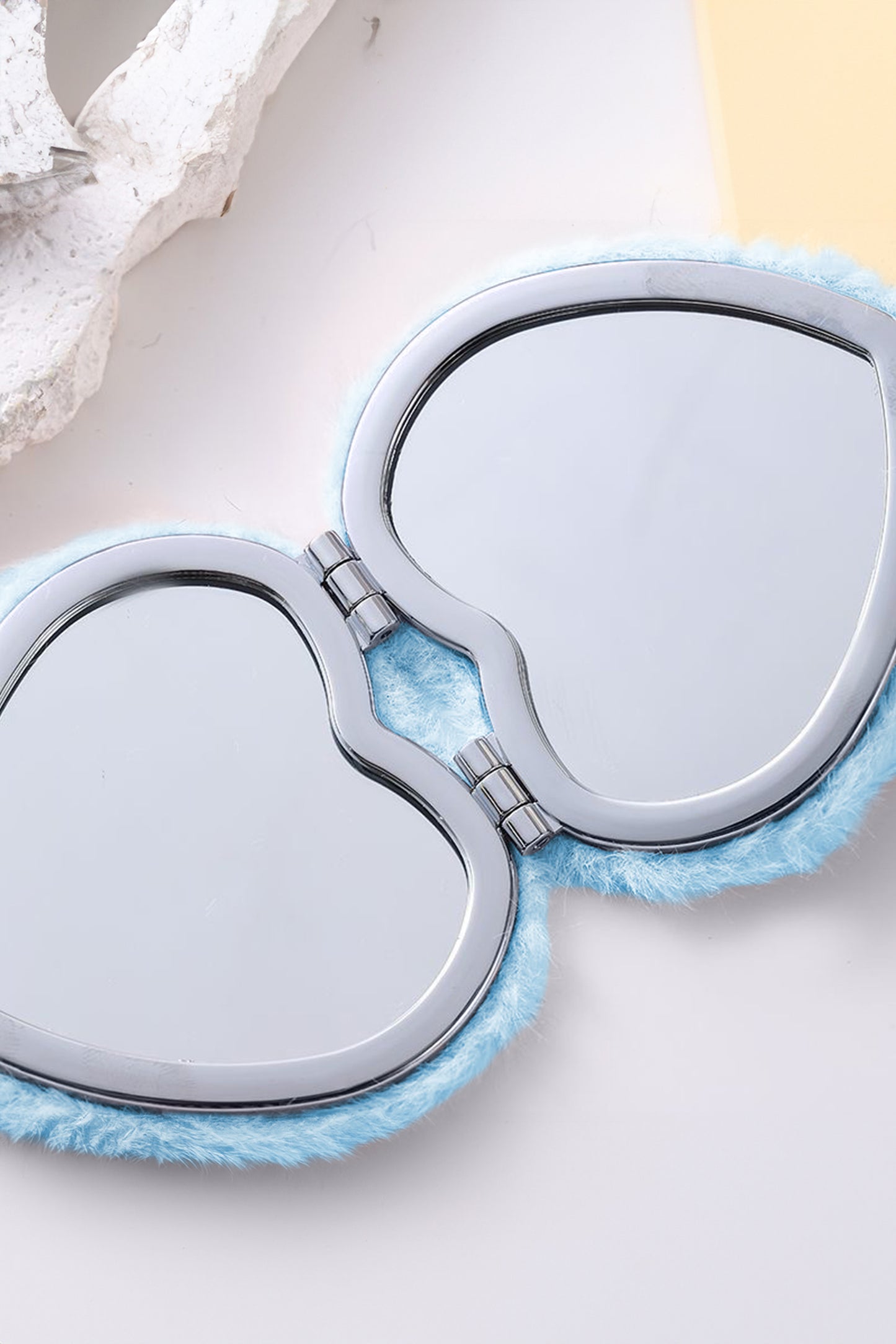 Light Blue Heart Shape Double Sides Fluffy Cute Mini Cosmetic Mirror