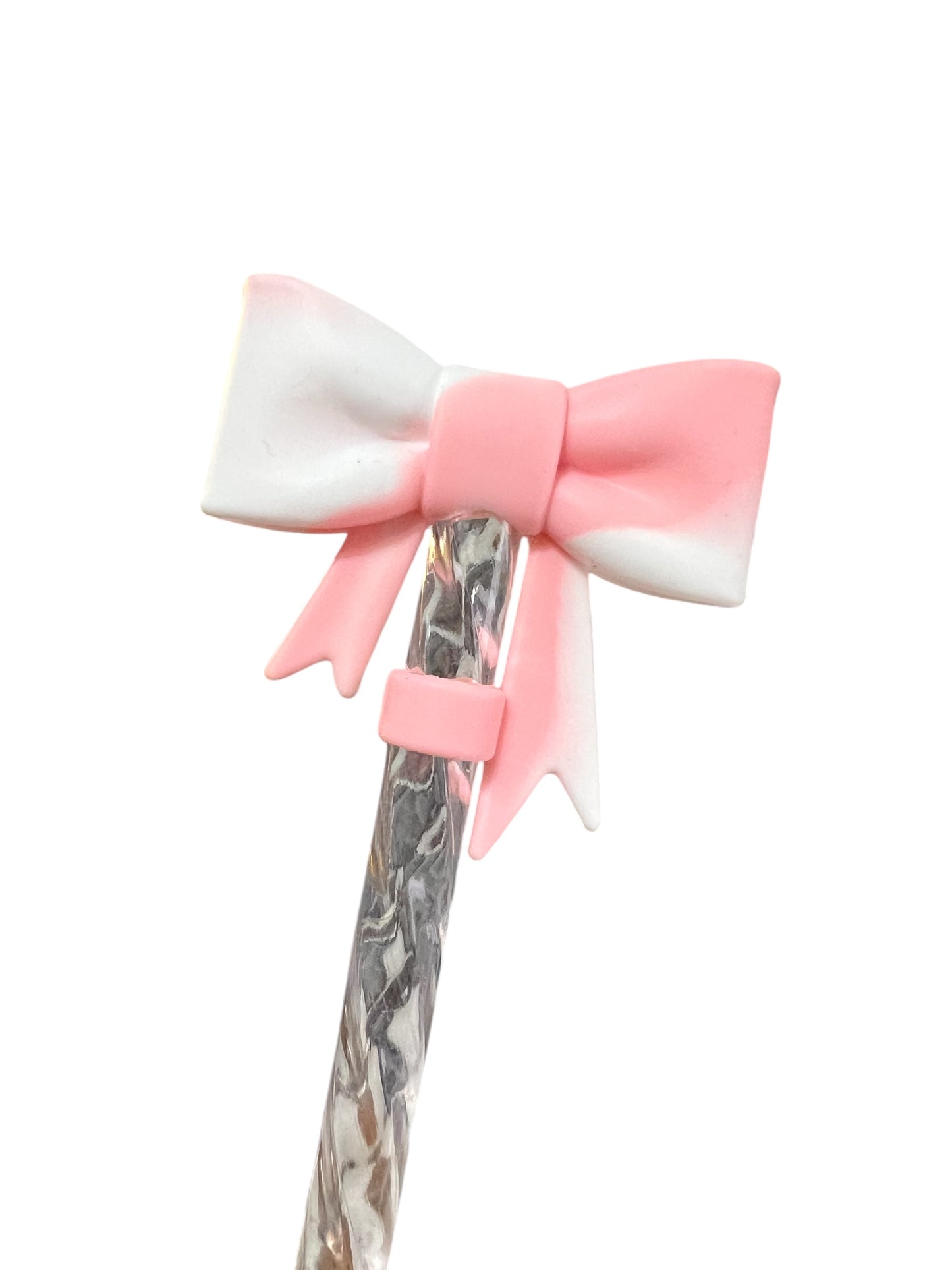 Pink White Large Bow Silicone Straw Topper 10mm