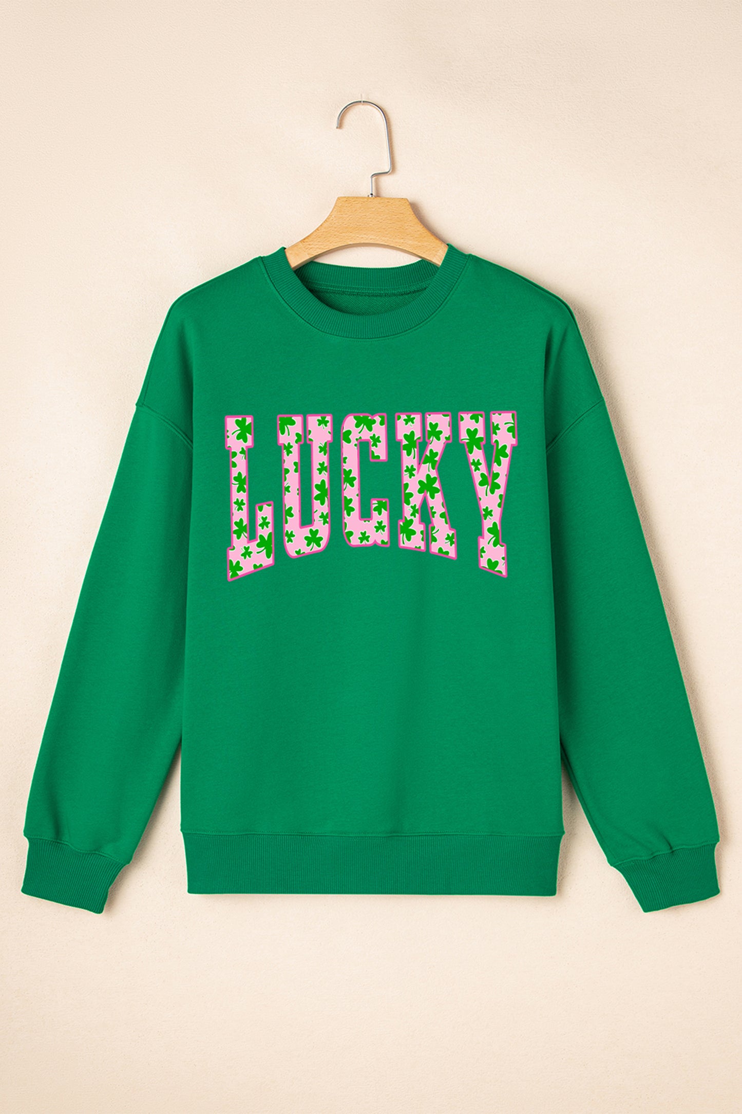 Dark Green LUCKY Clover Letter Printed Loose Pullover Sweatshirt