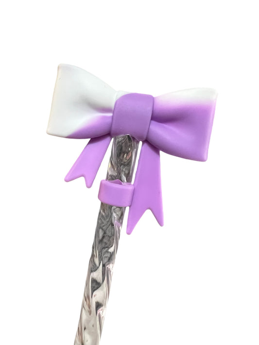 Purple White Large Bow Silicone Straw Topper 10mm