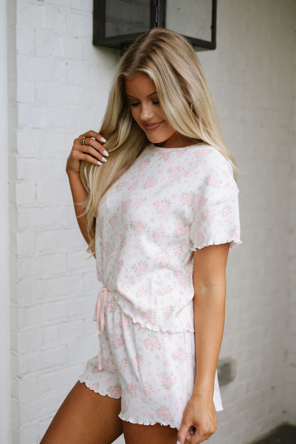 Pink Floral Print Lettuce Trim Tee and Shorts Pajama Set