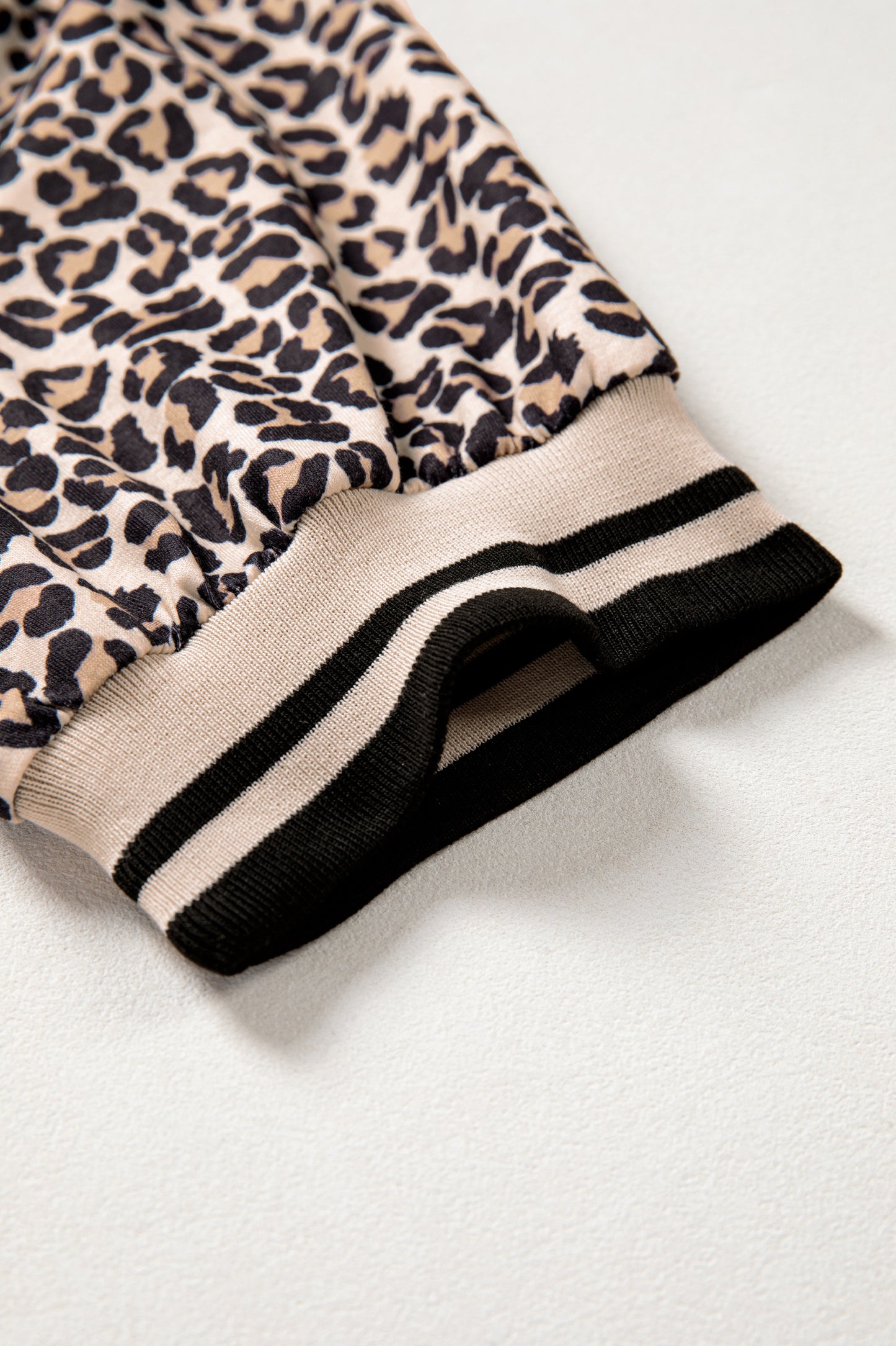 Brown Leopard Print Half Zip Striped Trim Patchwork Short Sleeve Top