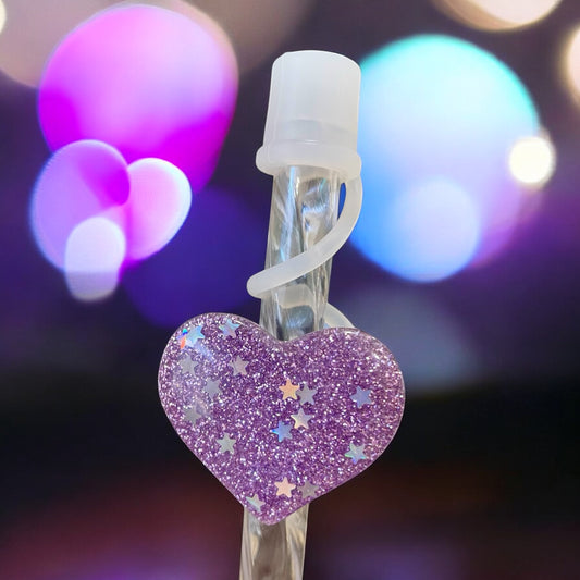 Purple Glitter Heart Silicone Straw Topper 10mm