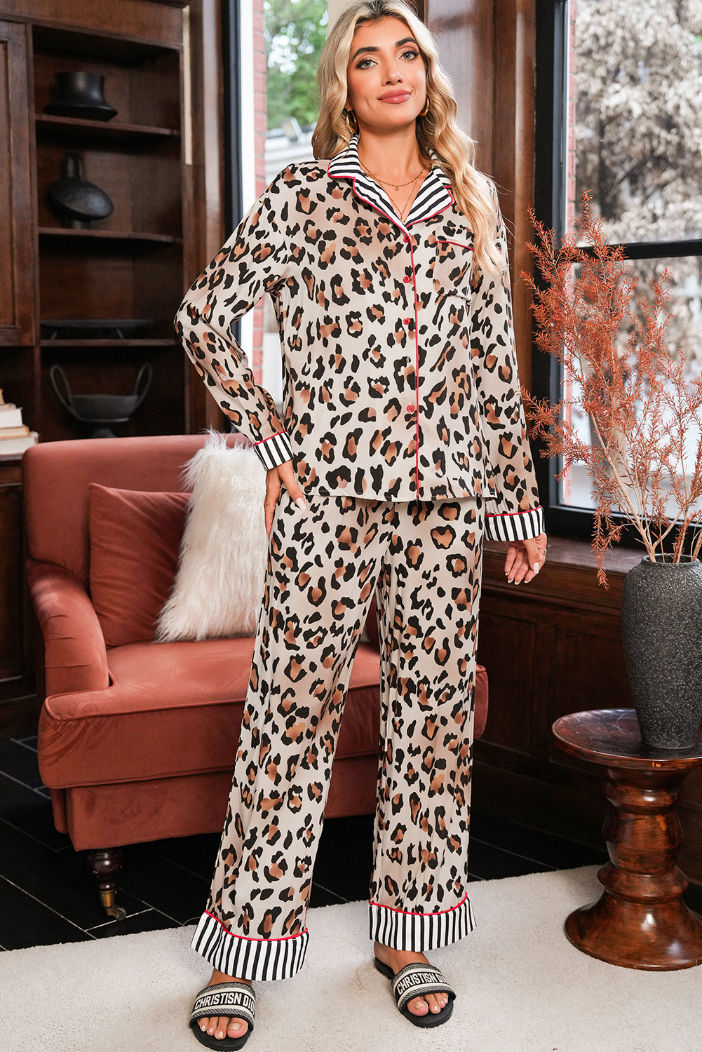Khaki Leopard Print Colorblock Striped Patchwork Shirt and Pants Pajama Set