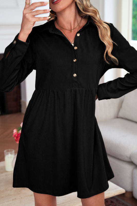Black Corduroy Half Button Collared Long Sleeve Mini Dress
