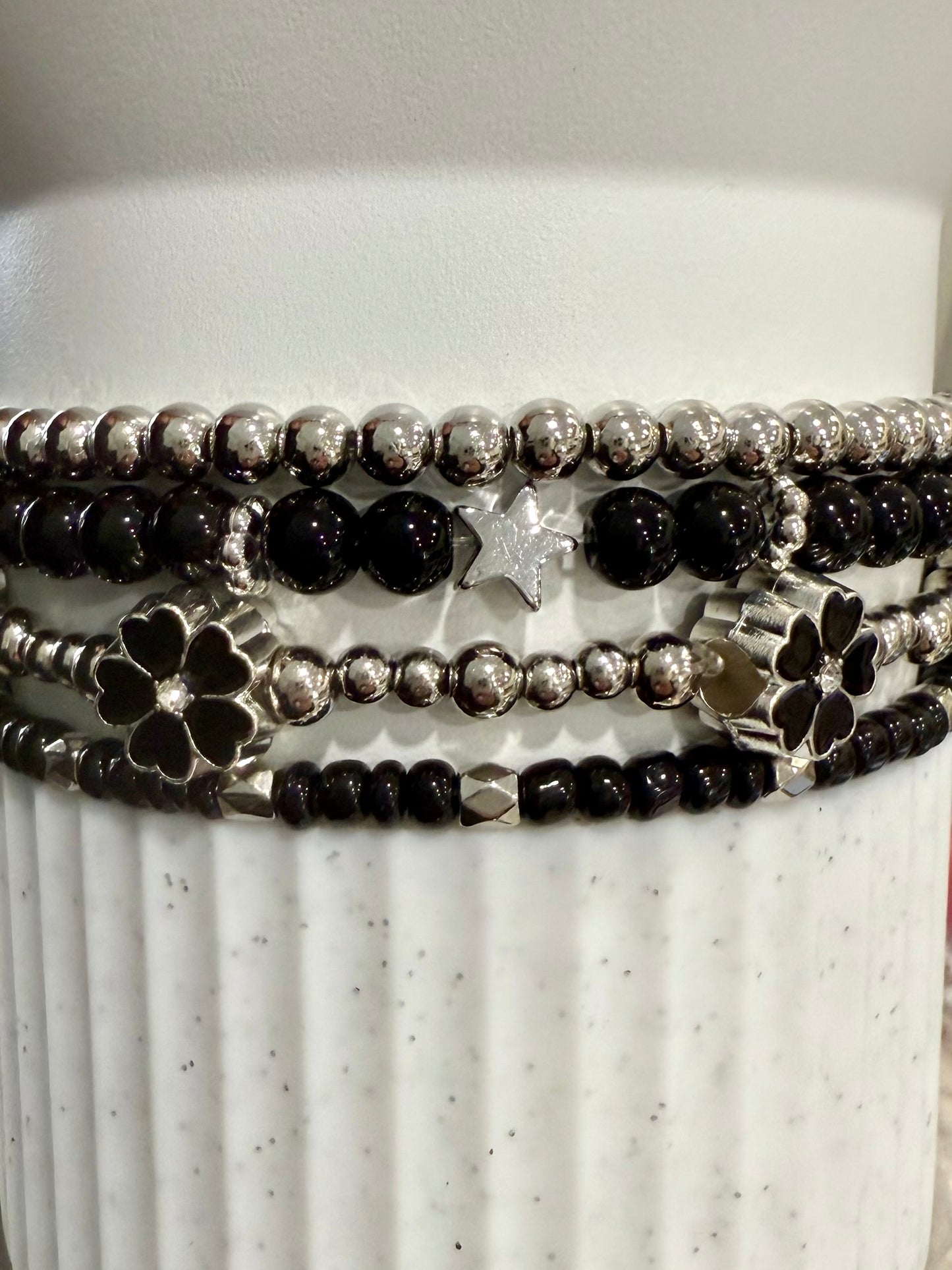 Black Silver Flower - Tumbler Bracelet Stacks