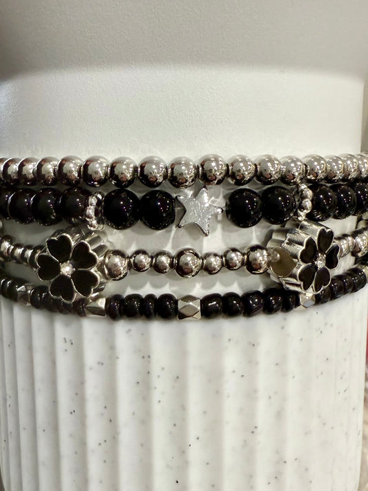 Black Silver Flower - Tumbler Bracelet Stacks
