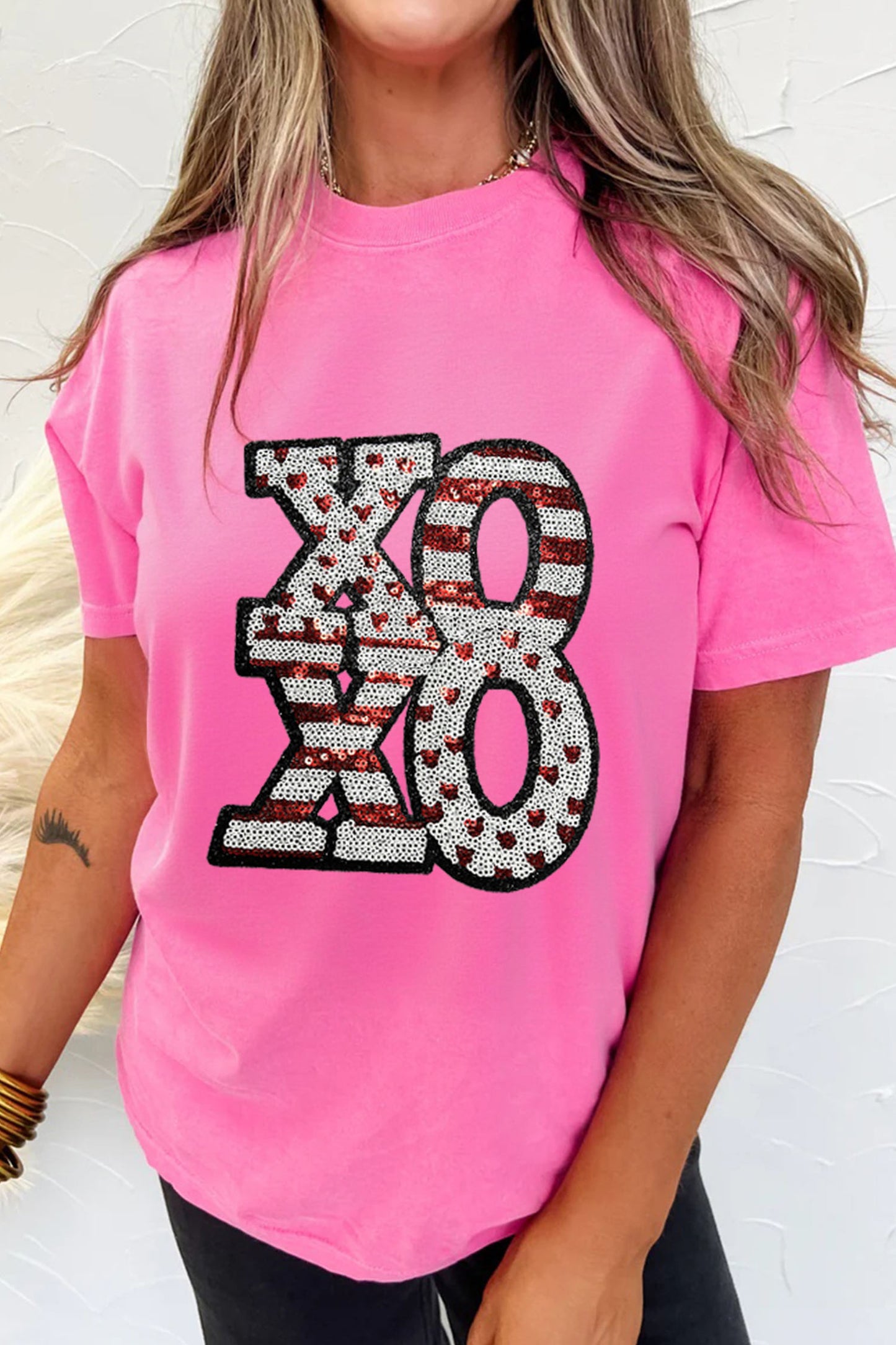 Sachet Pink Sequined XOXO Graphic Valentine T Shirt
