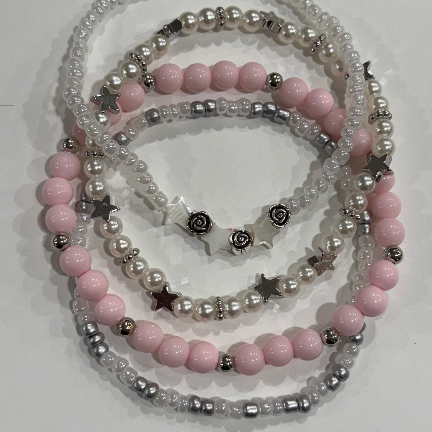 Baby Pink White Silver - Tumbler Bracelet Stacks