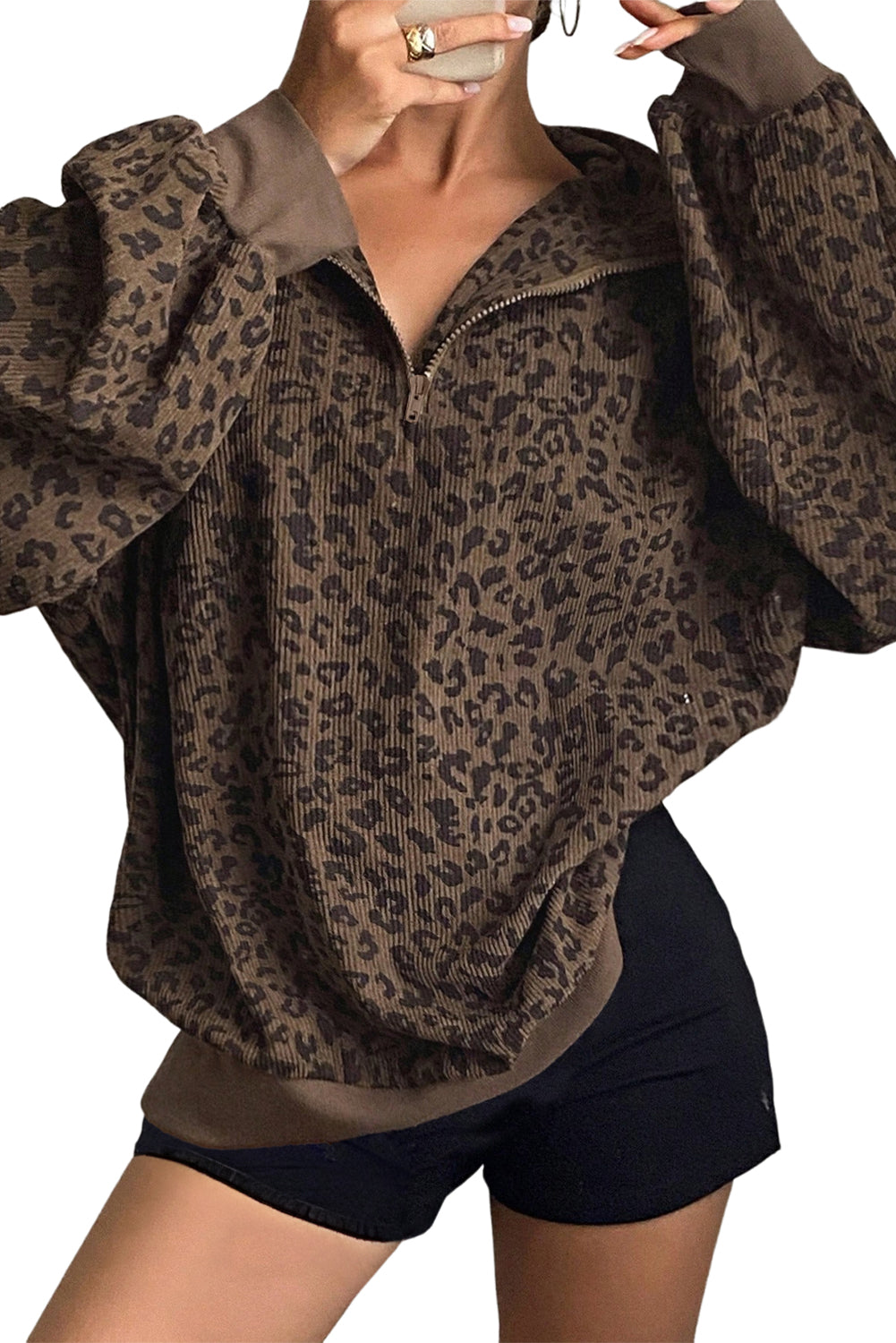 Brown Leopard Print Quarter Zip Corduroy Sweatshirt
