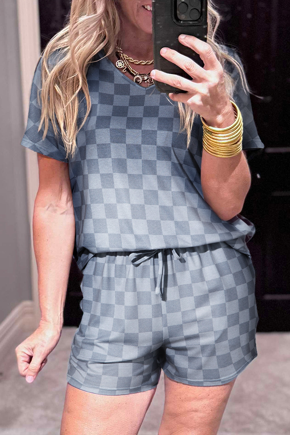 Gray Checkered V Neck Tee and Drawstring Shorts Pajama Set