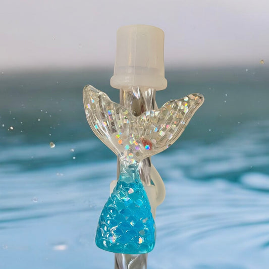 Aqua Silver Mermaid Silicone Straw Topper 10mm