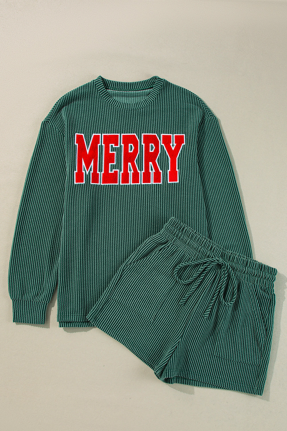 Evergreen Corded MERRY Long Sleeve Top and Shorts Pajama Set- Ships Approx 11/20