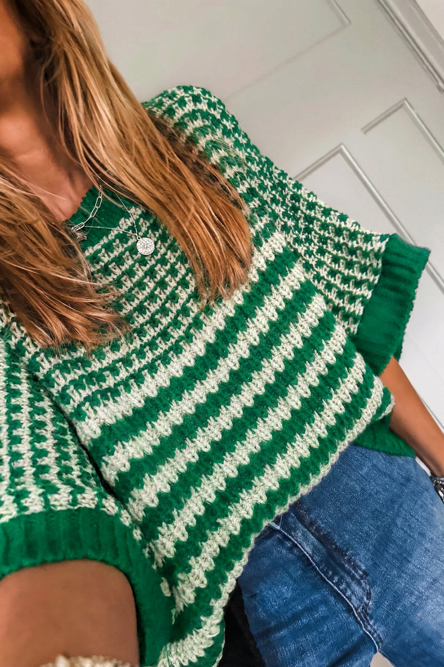 Green Stripe 3/4 Draped Sleeve Slouchy Sweater