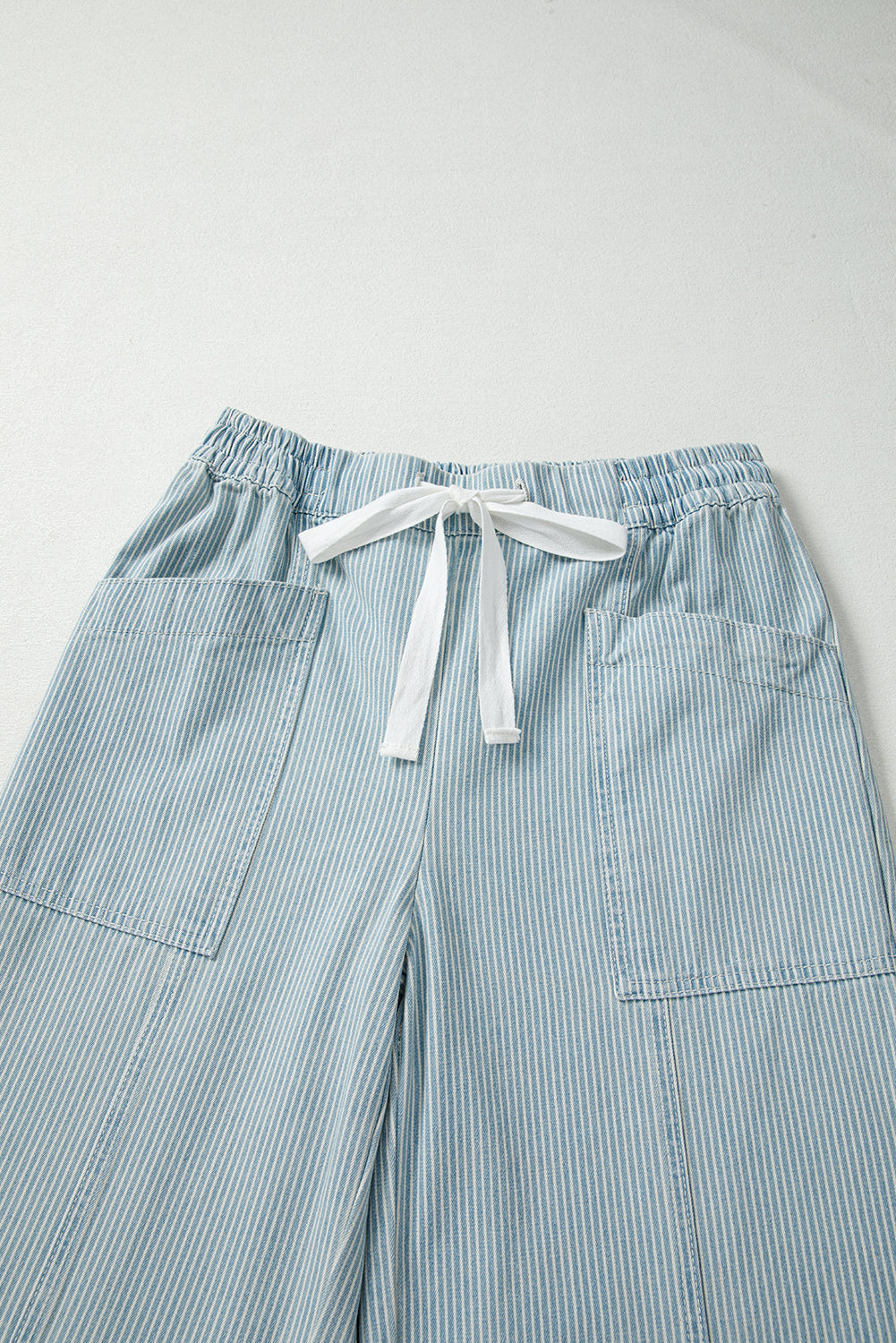Sky Blue Striped Mid Rise Drawstring Waist Jeans