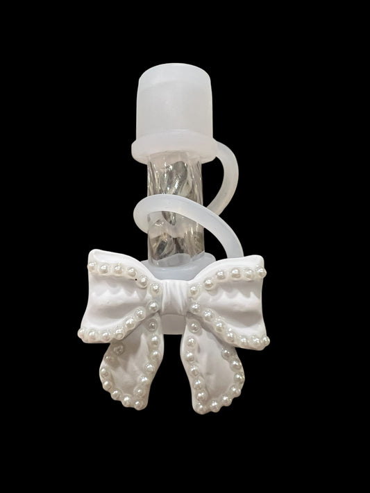 White Pearl Bow Silicone Straw Topper 10mm