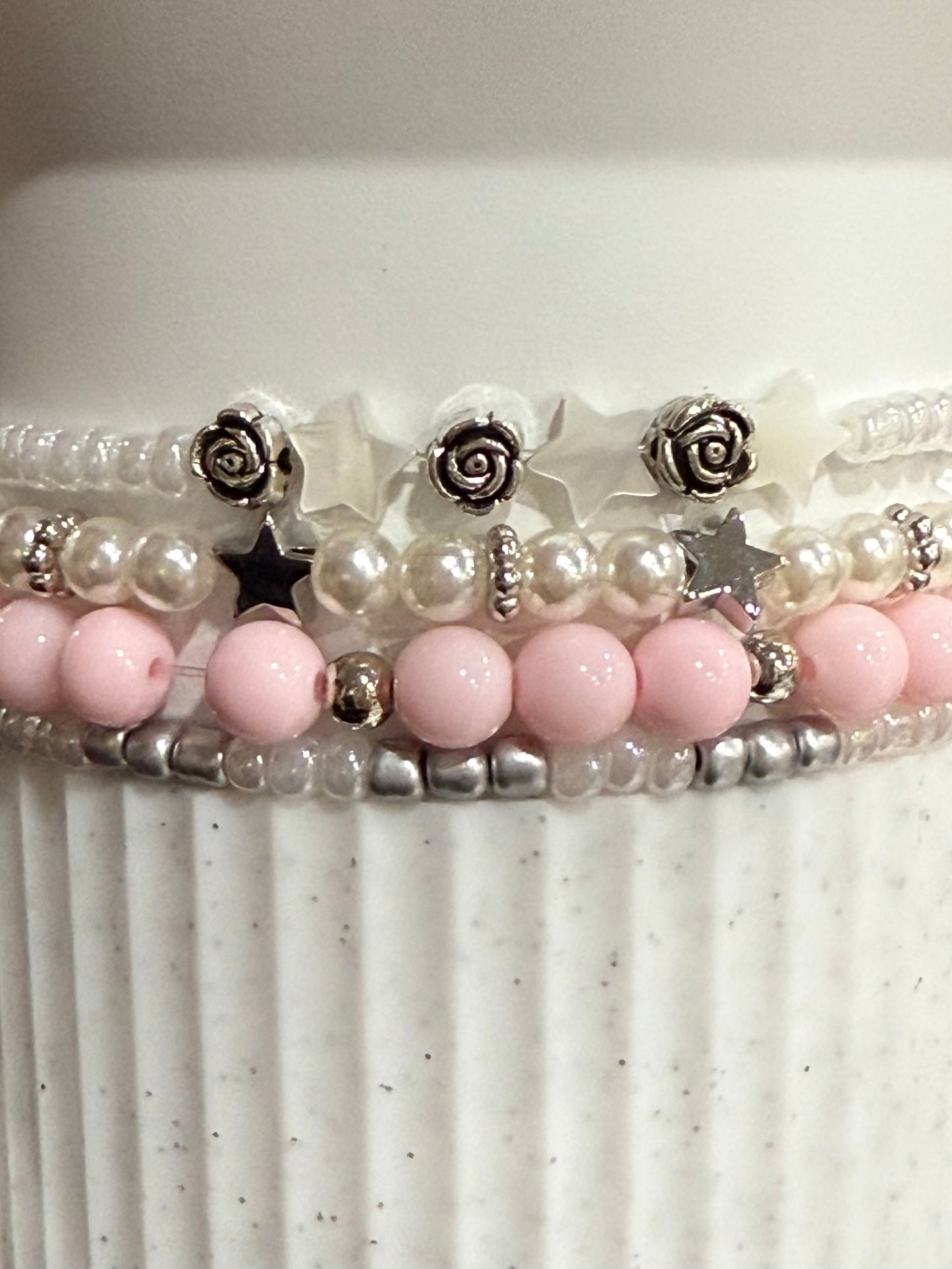 Baby Pink White Silver - Tumbler Bracelet Stacks